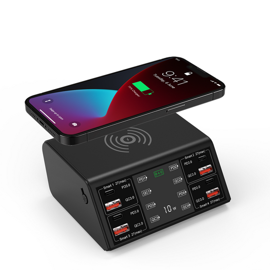 100W 8-PORT CHARGING STATION FOR MULTIPLE DEVICES WITH 4 USB QC 3.0+4 TYPE-C PD PORTS WIRELESS MULTI FAST CHARGING HUB