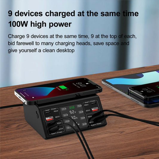 100W 8-PORT CHARGING STATION FOR MULTIPLE DEVICES WITH 4 USB QC 3.0+4 TYPE-C PD PORTS WIRELESS MULTI FAST CHARGING HUB